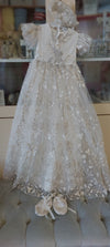 christening baptism girls gown silver beaded lace ruffle sleeve