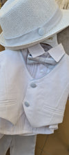 boys christening linen vest set lt blue white bowler hat