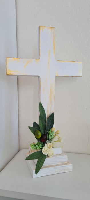 Wooden Cross with Flowers & Olive Leaves