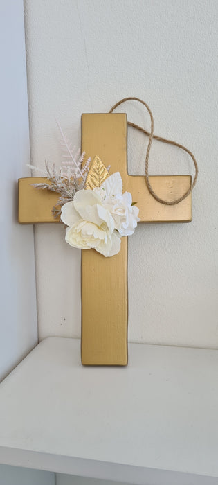 Wooden Hanging Gold Cross with Flowers