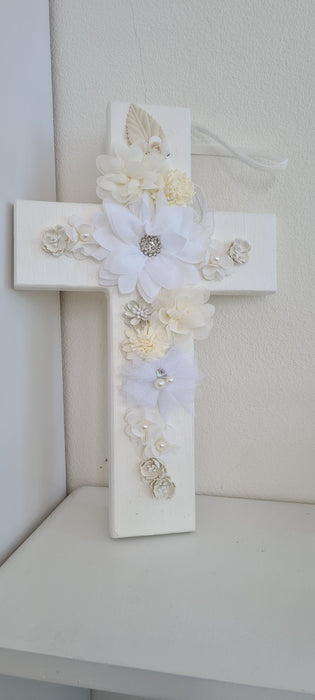 Wooden Hanging Cross with Flowers