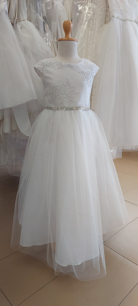 embroidered bodice communion dress rhinestone sash tulle skirt