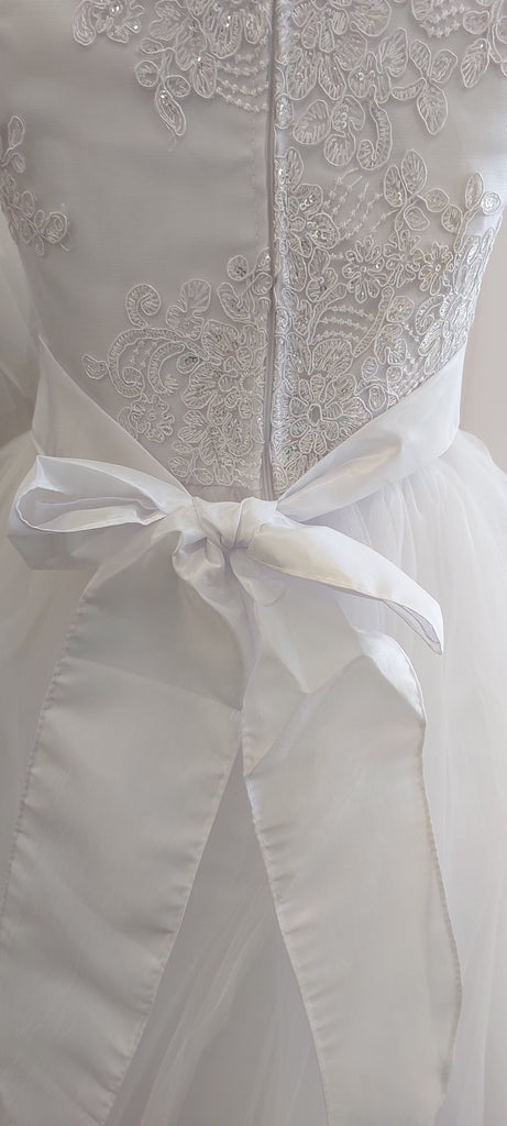 embroidered bodice communion dress rhinestone sash tulle skirt