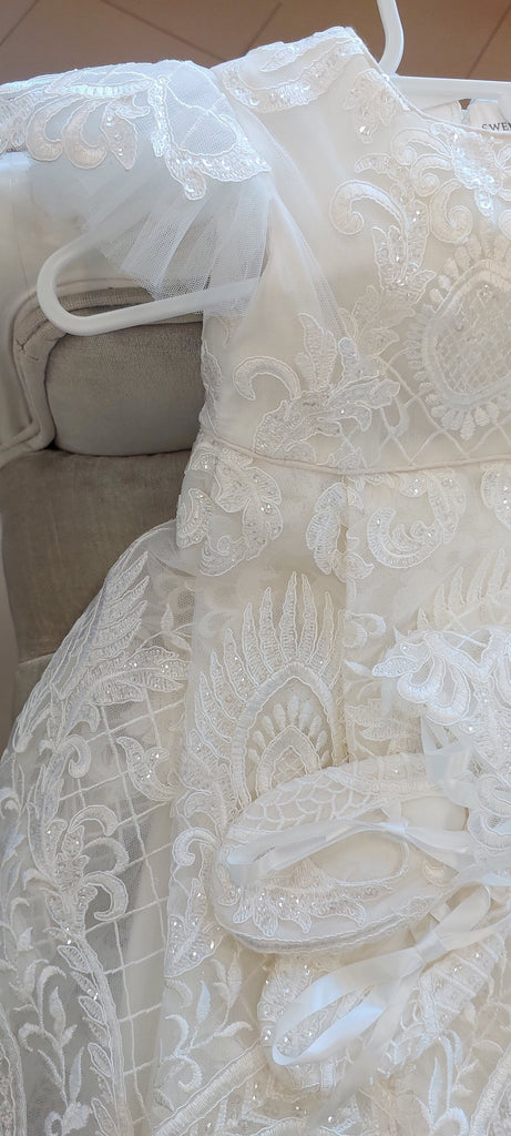 christening baptism gown lace embroidered bonnet booties