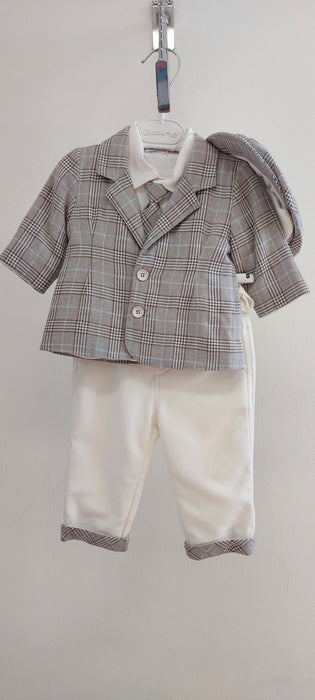 boys tan checked jacket suit with cap and tie