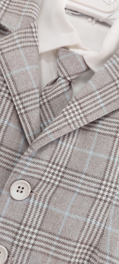 boys tan checked jacket suit with cap and tie