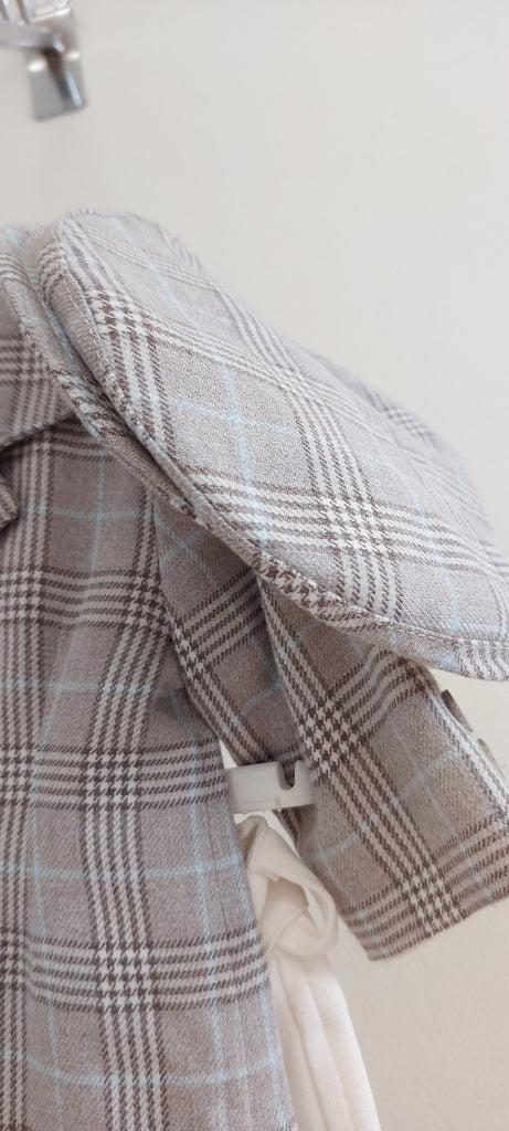 boys tan checked jacket suit with cap and tie