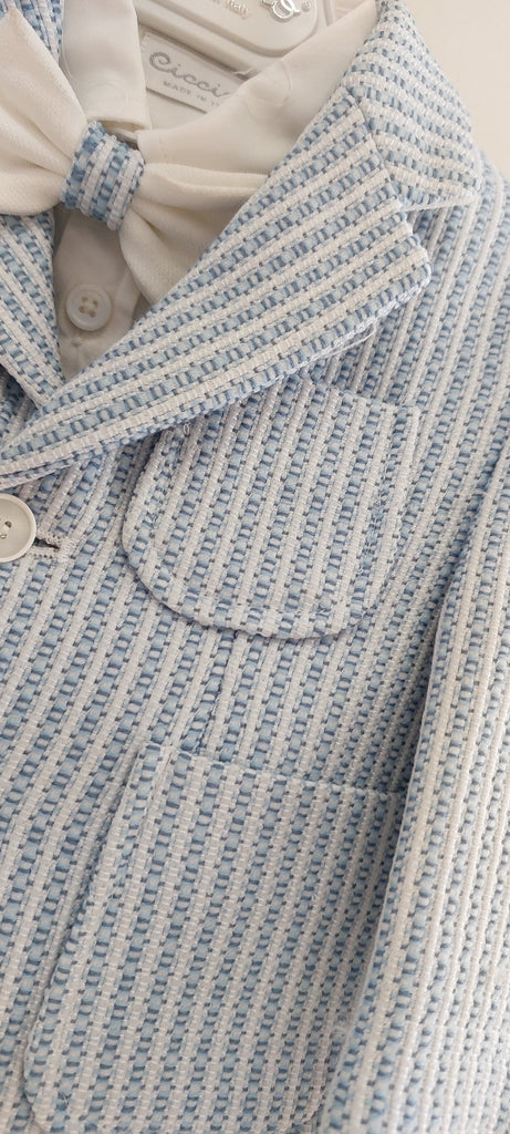 boys striped jacket suit mid blue bowtie