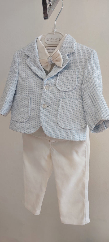 boys striped jacket suit pale blue bowtie