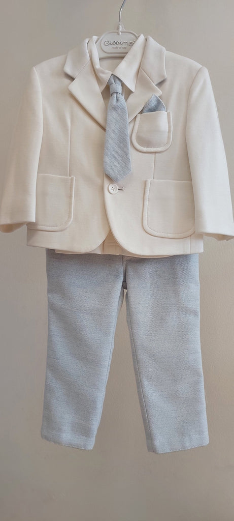 boys white suit pale blue tie cap soft feel