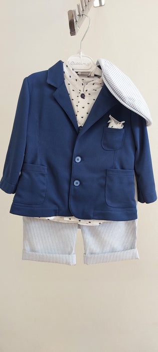 trendy boys jacket shorts suit with little fish shirt and pocket square with stripe cap shorts