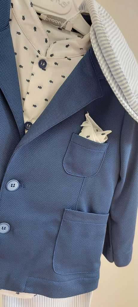 trendy boys jacket shorts suit with little fish shirt and pocket square with stripe cap shorts