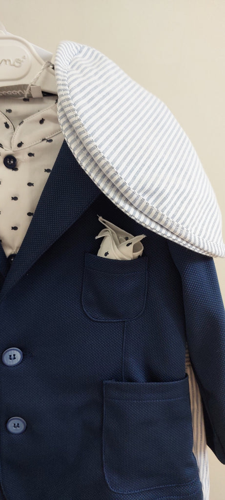 trendy boys jacket shorts suit with little fish shirt and pocket square with stripe cap shorts