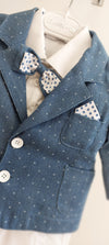 trendy boys jacket pants suit with spotted shirt pocket square with bowtie