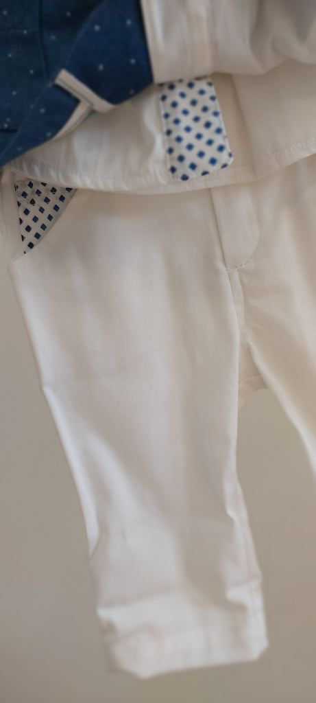 trendy boys jacket pants suit with spotted shirt pocket square with bowtie