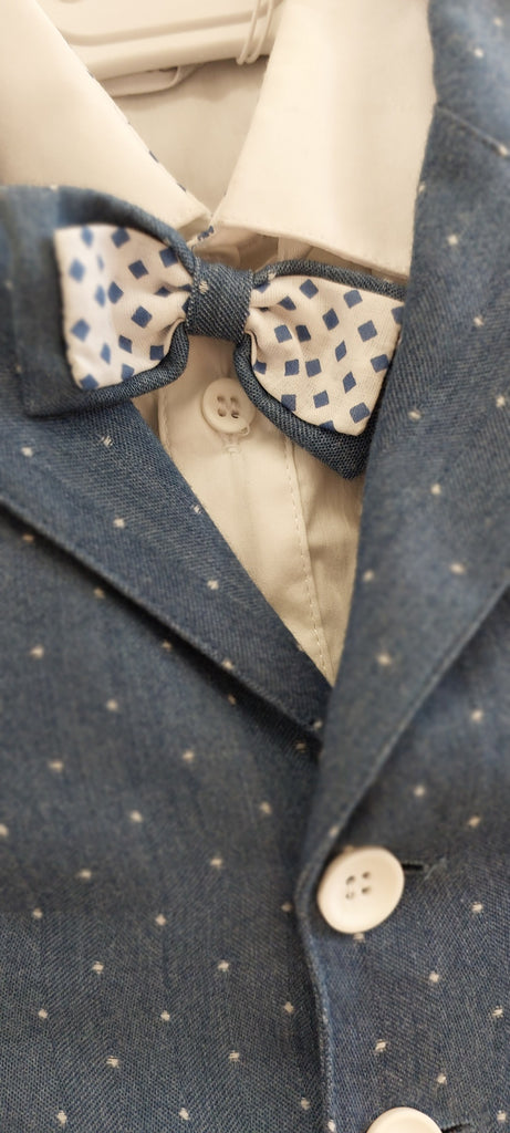 trendy boys jacket pants suit with spotted shirt pocket square with bowtie