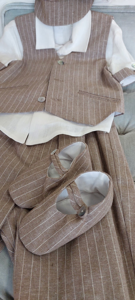boys christening baptism outfit linen tan colour