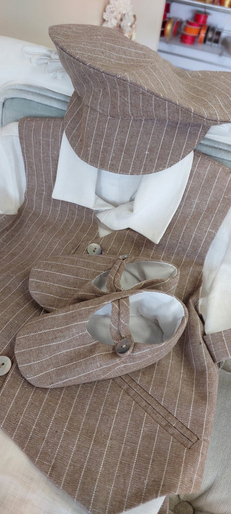 boys christening baptism outfit linen tan colour