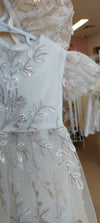 christening baptism girls gown silver beaded lace ruffle sleeve