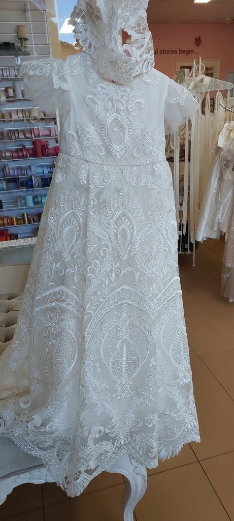 christening baptism gown lace embroidered bonnet booties