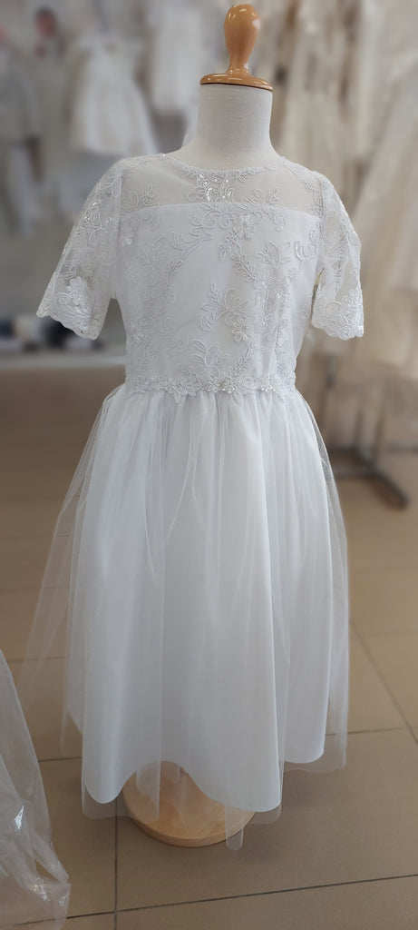 communion dress gown floral lace sleeves satin tulle