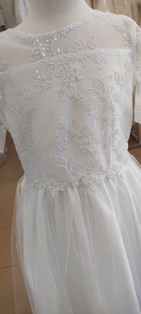 communion dress gown floral lace sleeves satin tulle