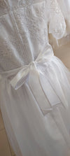 communion dress gown floral lace sleeves satin tulle