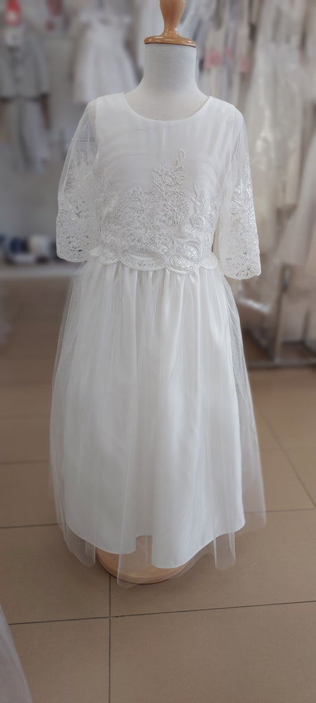 communion dress gown floral lace sleeves satin tulle