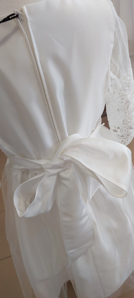 communion dress gown floral lace sleeves satin tulle