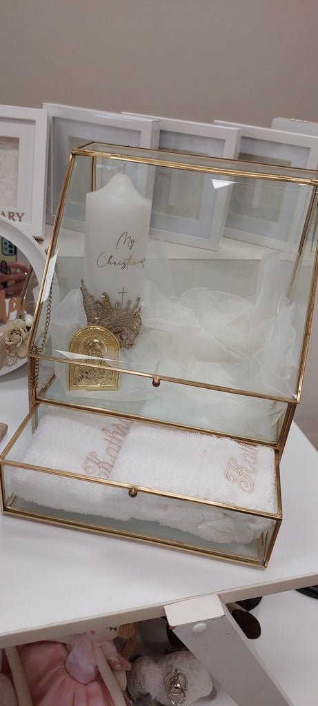 christening wedding keepsake box gold glass stefana box