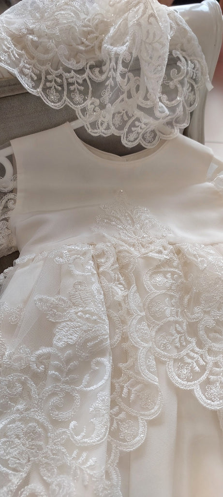 ivory lace silk christening baptism gown christening set booties lace bonnet