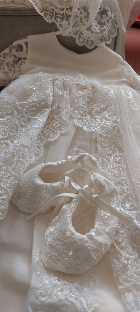 ivory lace silk christening baptism gown christening set booties lace bonnet