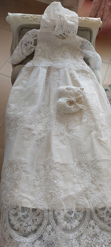 christening silk lace gown girls baptism gown baptism dress set lace booties lace gown