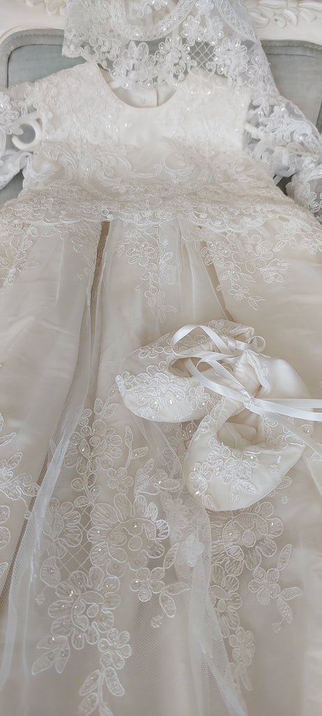 christening silk lace gown girls baptism gown baptism dress set lace booties lace gown