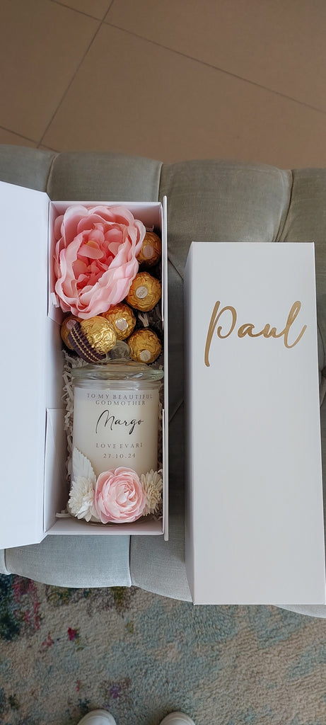 godparent hamper box with candle and chocolates