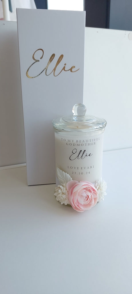 godparent hamper box with candle and chocolates