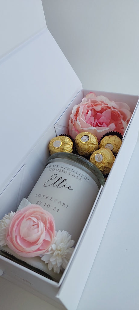 godparent hamper box with candle and chocolates