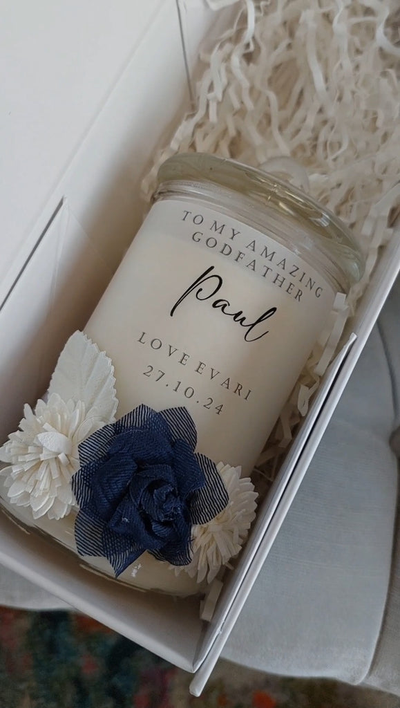 godparent hamper box with candle and chocolates