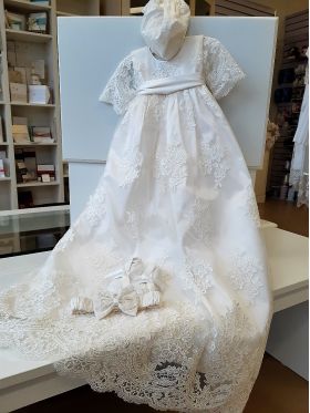 Hand Crafted White Silk Christening Gown With Lace And Embroidery by Heaven  Sent Baby Quilts and more | CustomMade.com