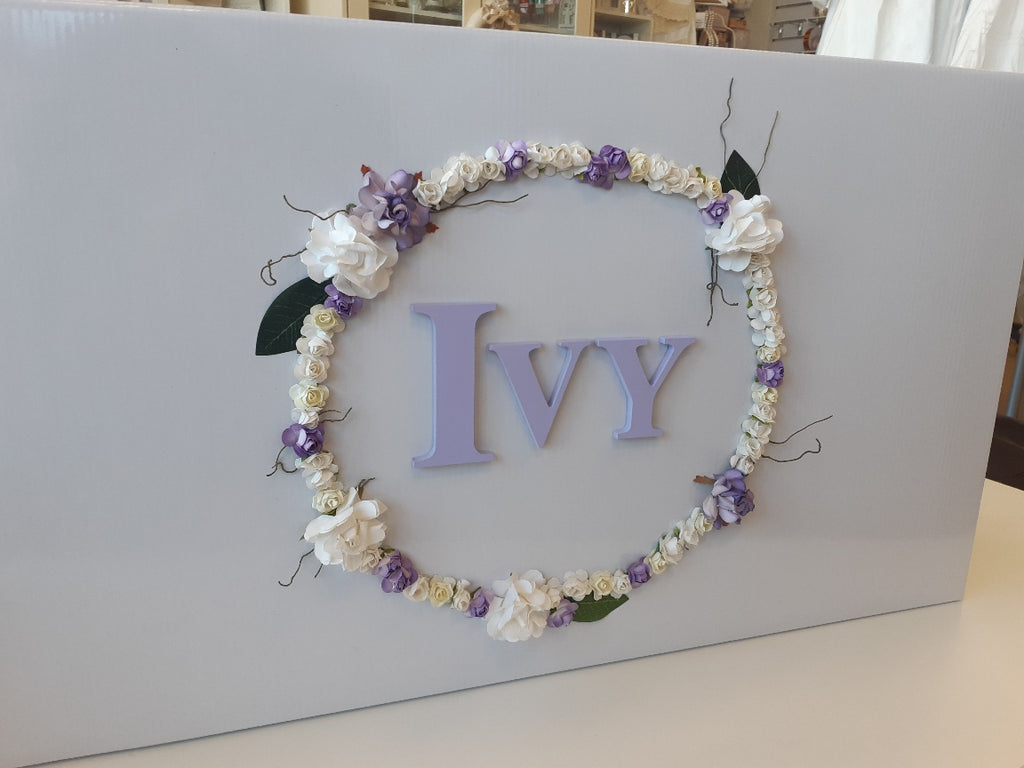 christening baptism keepsake box with floral wreath