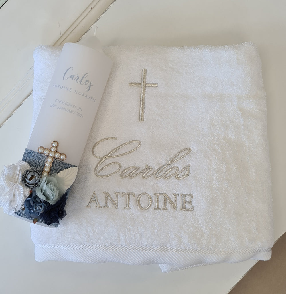 christening baptism towel candle package