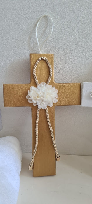 Wooden Hanging Gold Cross with Rope & Flowers