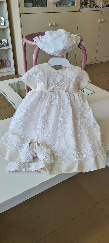 christening dress lace ivory booties hat