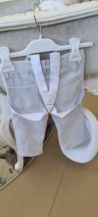 boys christening linen vest set lt blue white bowler hat