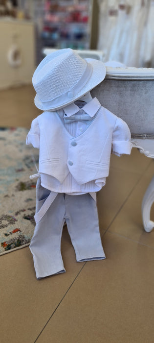 boys christening linen vest set lt blue white bowler hat