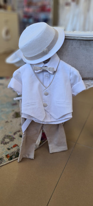 boys christening linen vest set lt blue white bowler hat