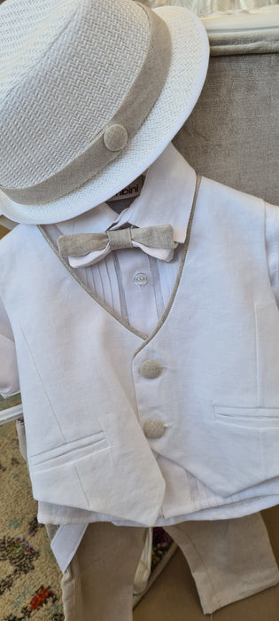 boys christening linen vest set lt blue white bowler hat