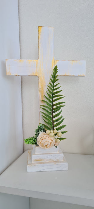 Wooden Cross with Flowers & Fern at base