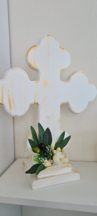 Wooden Orthodox Cross with Flowers & Olive Leaves
