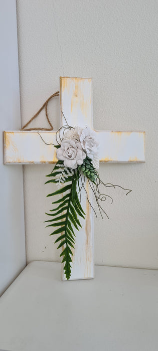Wooden Hanging Cross with Fern & Flowers